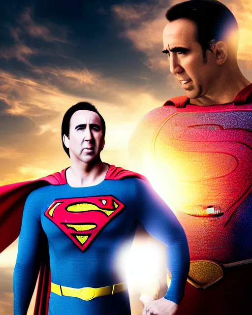 Image similar to Nicolas Cage as Superman, cinematic lighting, 4k photograph