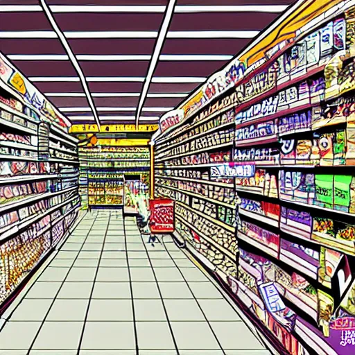 Image similar to anime highly detailed grocery isle in the style of laurie greasley