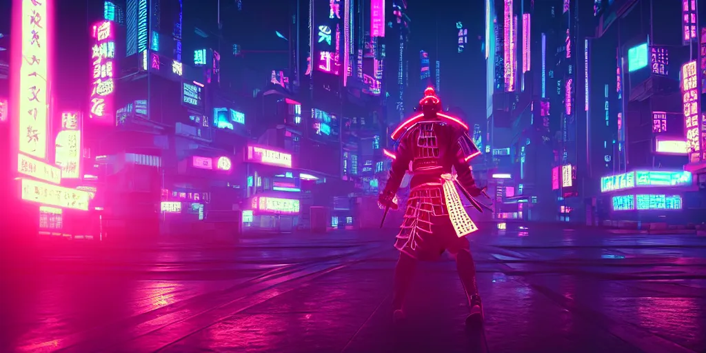 Samurai overlooking a neon-lit cyberpunk city