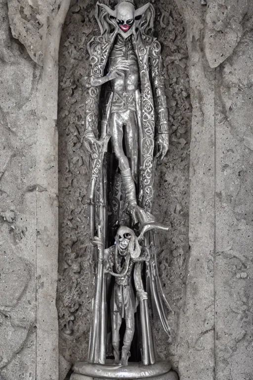 Image similar to a cinematic view of a ornated intricate gothic sacred statue of medieval joker made in light concrete, with few ornaments in shiny polished chrome, sculpted by gaudi, neutral background