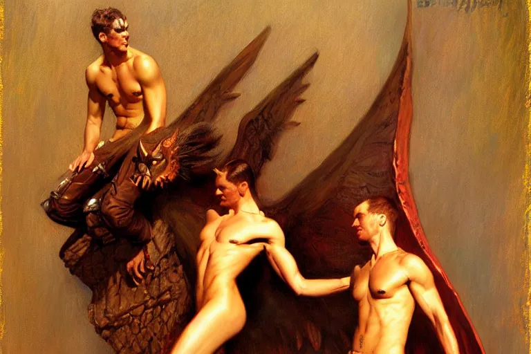 Image similar to demon and angle, painting by gaston bussiere, craig mullins, j. c. leyendecker, tom of finland