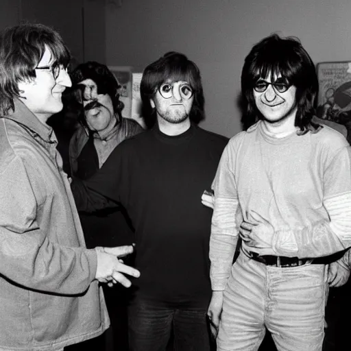 Image similar to john lennon, steve jobs, harry potter, and gabe newell meeting each other