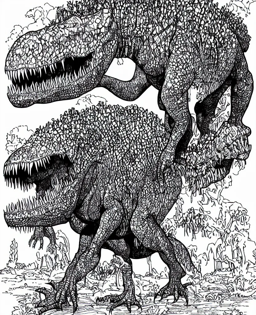 Image similar to tyrannosaurus rex walking around the countryside, symmetrical, accurate, simple clean black lines, black and white, white background and fill, coloring book, comic book, graphic art, line art, vector art, by martina matteucci, pavel shvedov, peter lundqvist, diane ramic, christina kritkou, artstation