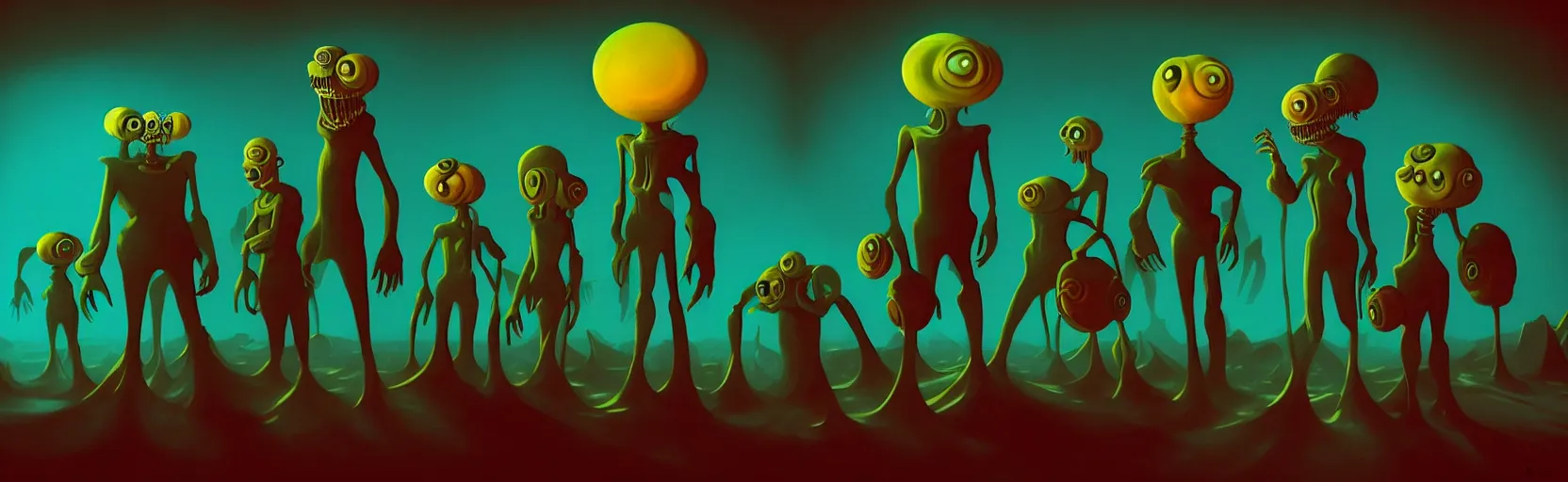 Image similar to uncanny repressed mutants from the depths of a vast wasteland in the collective unconscious, dramatic lighting, surreal dark 1 9 3 0 s fleischer cartoon characters, surreal painting by ronny khalil