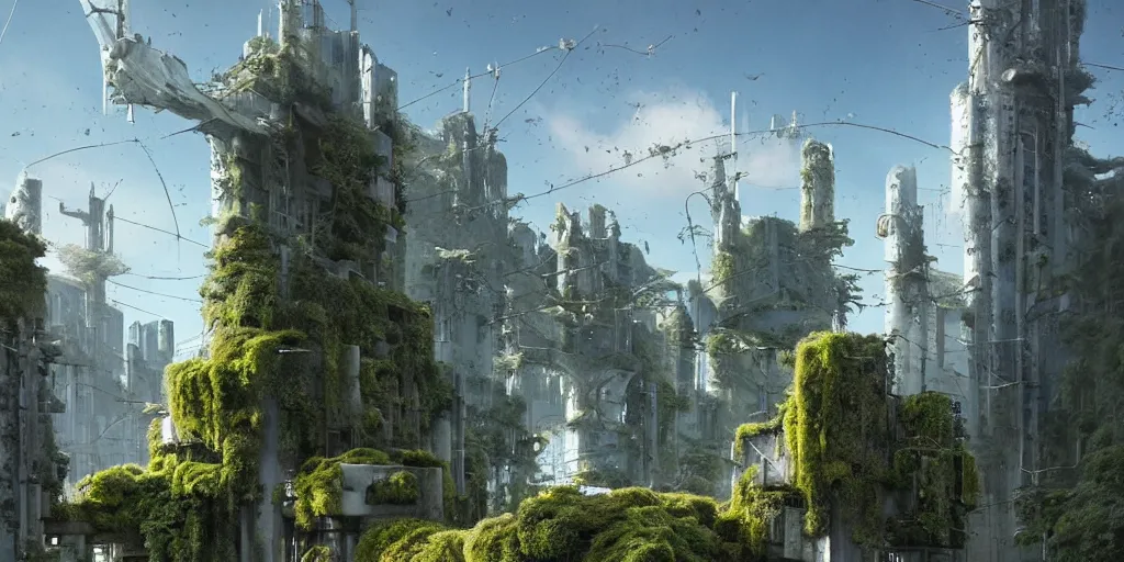 Image similar to concrete architecture with moss and ivy growing all over, many antennas and towers, futuristic, late afternoon light, wispy clouds in a blue sky, by frank lloyd wright and greg rutkowski and ruan jia