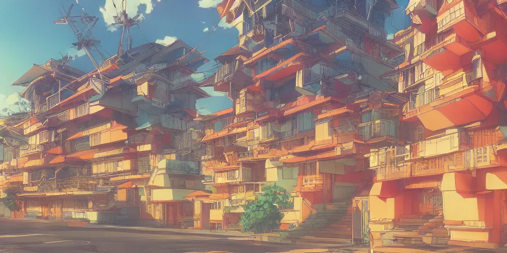Prompt: vivid 80s anime indonesian architecture by hayao miyazaki, beautiful, gorgeous, dramatic lighting, rule of thirds, perfect composition, trending on ArtStation, 8k