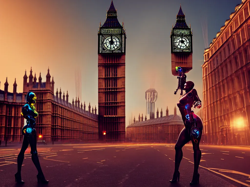 Image similar to a giant ancient beautiful cyborg of the elder gods with pipes and tubes in the city of London, an image of a beautiful cyborg, a beautiful cyborg, a cyborg, London streets with one bigben in the background, colourful, dramatic lighting, golden hour, very detailed octane render very realistic beautiful