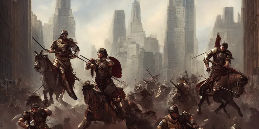 Image similar to Roman Empire legionary invading modern day New York City by Charlie Bowater and Pierre Auguste Cot