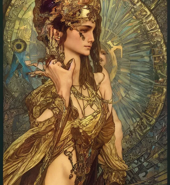 Prompt: unreal engine render + a goddess, tarot card, dark souls colour scheme, smooth, coherent, high detailed, by Karol Bak outlines by Alphonse Mucha, featured on artstation, instagram HD, unreal engine