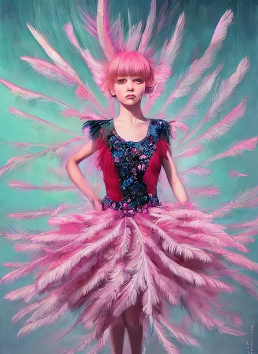 Image similar to beautiful little girl with an pink eccentric haircut wearing an dress made of feathers dancing on stage, artwork made by ilya kuvshinov, inspired in donato giancola, hd, ultra realistic, reflection, flowers, light, realistic face, bird, trending on pixiv