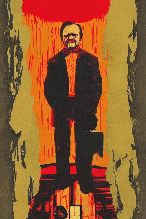 Prompt: a movie poster for the film the shining designed by reynold brown featuring a prominent portrait of jack nicholson and a stylised fireaxe in the style of wes anderson.