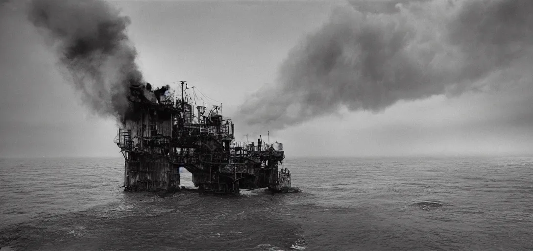 Image similar to apocaliptic Portrait of a offshore oil dripping in the city of Mar del Plata , by stephen Shore and Arthur Adams , epic composition, 80mm, 8k