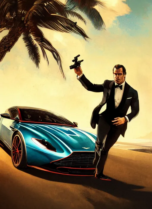 Image similar to portrait of henry cavill as james bond, key art, sprinting, palm trees, aston martin db 1 0, highly detailed, digital painting, artstation, concept art, cinematic lighting, sharp focus, illustration, by gaston bussiere alphonse mucha