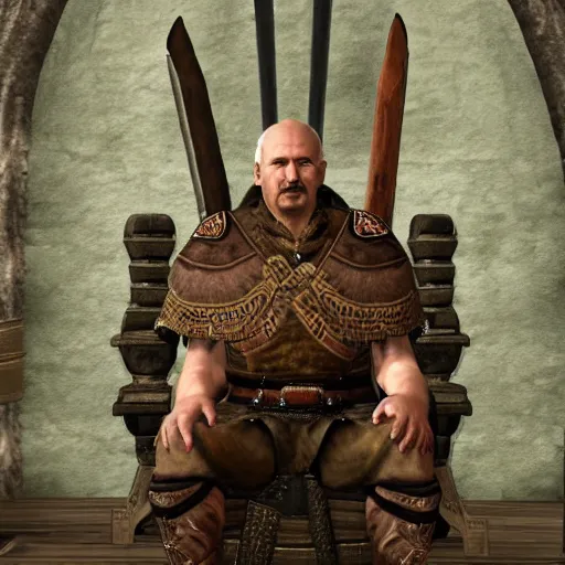 Image similar to Alexander Lukashenko as a Jarl in The Elder Scrolls V: Skyrim sitting on his throne