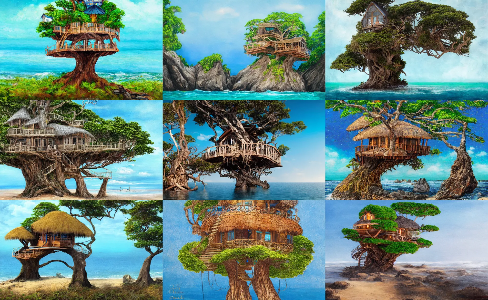Prompt: portrait art of a mystical island treehouse on the ocean
