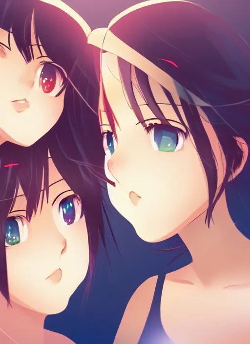 Image similar to two beautiful mothers sitting by a fan on a hot summer evening, gorgeous faces, thick lines, cinematic lighting, detailed anime art