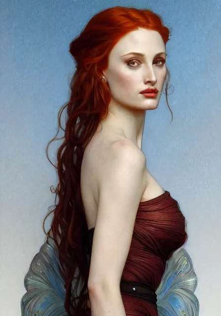 Image similar to sansa angeline jolie gessica chastain, intricate, elegant, highly detailed, digital painting, artstation, concept art, smooth, sharp focus, illustration, art by artgerm and greg rutkowski and alphonse mucha and william - adolphe bouguereau