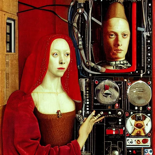 Prompt: a portrait of cyborg princess jacked into a man-machine interface by Jan van Eyck