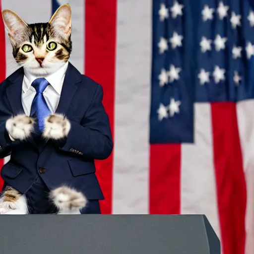 Image similar to a cat as the president of the united states giving a speech and wearing a suit in front of the american flag