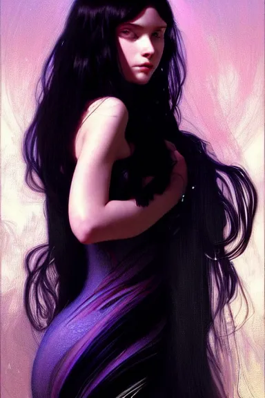 Image similar to portrait of teenage girl with long glossy black hair, blue eyes, glowing skin, fashion model features, fantasy, intricate, elegant, black dress, highly detailed, digital painting, artstation, concept art, smooth, sharp focus, illustration, art by Krenz Cushart and Artem Demura and alphonse mucha