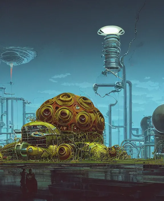 Image similar to inflated industrial plant made from isopod lobster octopus, in the style of spaceship, overgrown with orchids, partly cloudy, somber, dramatic lighting, by geof darrow, bill sienkiewicz, dan mumford, yusuke murata, makoto shinkai, ross tran, cinematic, unreal engine, cel shaded, featured on artstation, pixiv