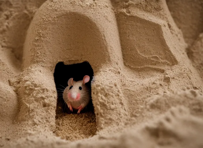 Image similar to wide dslr photo still of a mouse inside a perfect sandcastle, 8 k, 8 5 mm f 1. 4