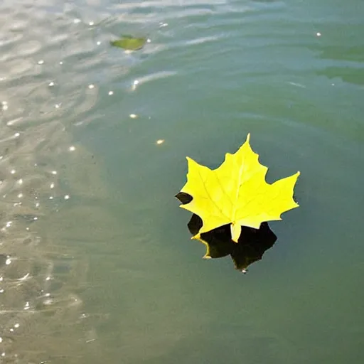 Prompt: close - up of a yellow maple leaf floating on top of a pond