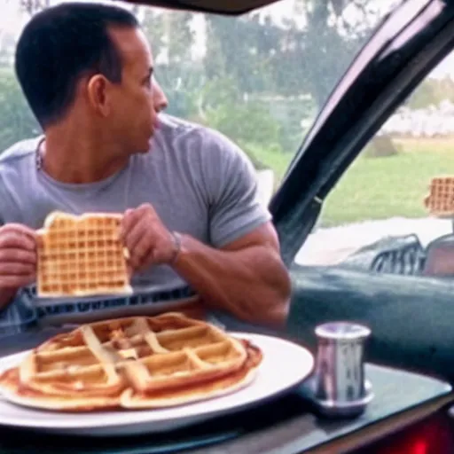 Image similar to movie still of vin diesel eating waffles and pancakes breakfast in a car