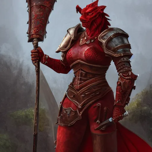 Image similar to A noble female red dragonborn paladin with a halberd heroically posing in front of a castle, fantasy, medieval, cinematic, plate armor, serious expression, 8k, trending on artstation, Bayard Wu, Rudy Siswanto, Sam Santala, In the style of Clint Cearley