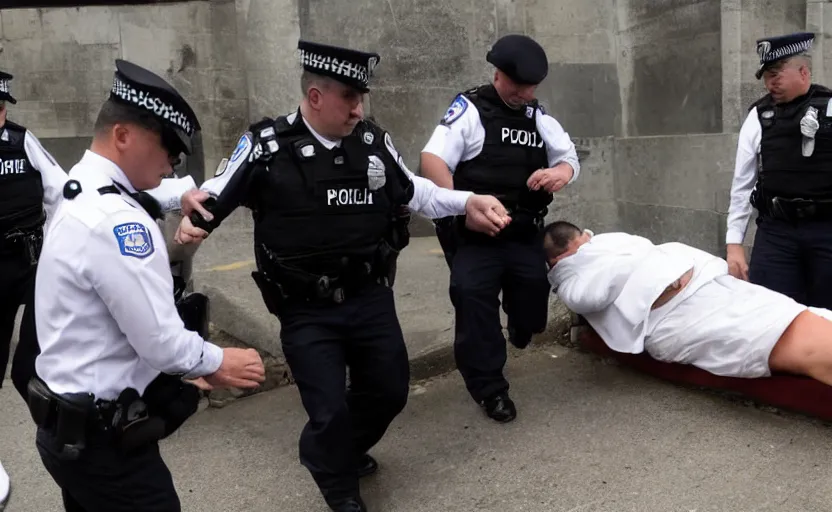 Image similar to photography of priest detained by police, flash shot, arrested and handcuffed