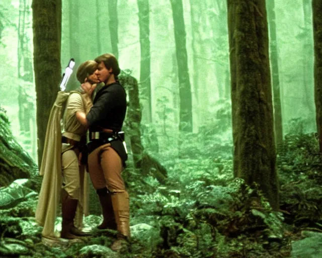 Image similar to luke skywalker, princess leia and han solo hugging and kissing in the forest of endor at the end of return of the jedi, faster, more intense, dolby stereo