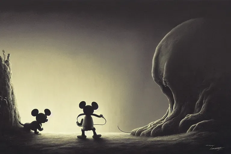 Image similar to life of a mickey mouse, scene features mickey mouse, by zdzislaw beksinski, by dariusz zawadzki, by wayne barlowe, gothic, surrealism, cosmic horror, lovecraftian, cold hue's, warm tone gradient background, concept art, beautiful composition