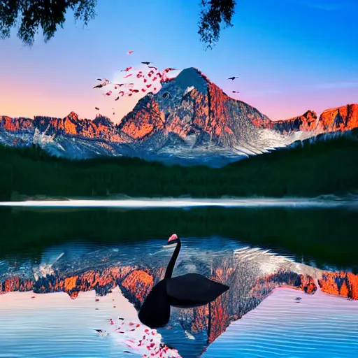 Image similar to photo of two black swans touching heads in a beautiful reflective mountain lake, a colorful hot air balloon is flying above the swans, hot air balloon, intricate, 8k highly professionally detailed, HDR, CGsociety