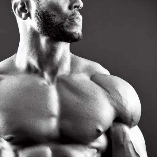 Prompt: a fitness photo of an extremely muscular alpha male, black and white, over pronounced jawline