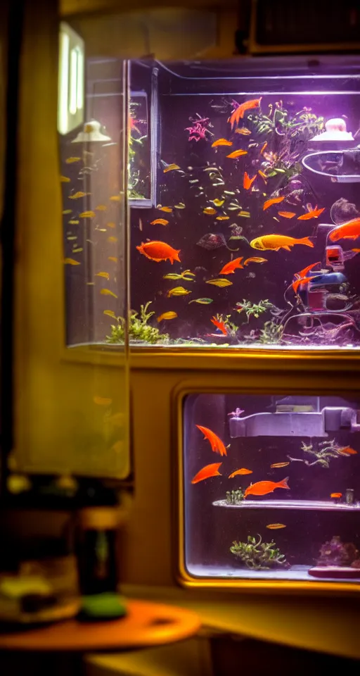 Image similar to telephoto 7 0 mm f / 2. 8 iso 2 0 0 photograph depicting the feeling of chrysalism in a cosy safe cluttered french sci - fi art nouveau cyberpunk apartment in a dreamstate art cinema style. ( ( fish tank ) ), ambient light.