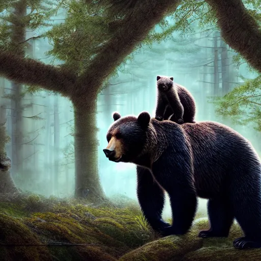 Prompt: wild bear with cubs the forest, tone mapping, akihiko yoshida, james jean, andrei riabovitchev, marc simonetti, digital illustration, greg rutowski, high key lighting, volumetric lighting, digital art, highly detailed, intricate, ornate, complex, octane render, photorealistic