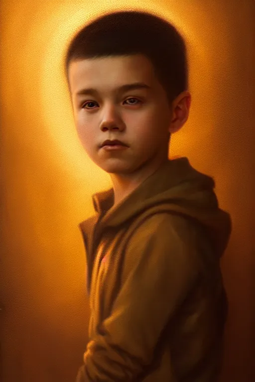 Image similar to young boy portrait, atmospheric lighting, painted, intricate, volumetric lighting, beautiful, rich deep colors masterpiece, golden hour, sharp focus, ultra detailed, by Leesha Hannigan, Ross Tran, Thierry Doizon, Kai Carpenter,Ignacio Fernández Ríos