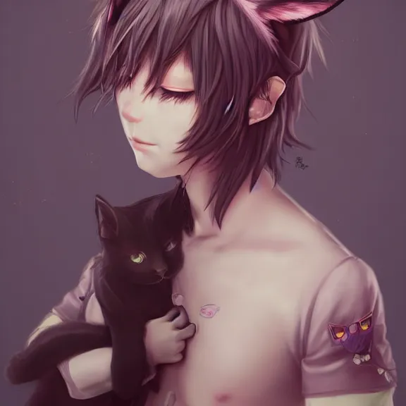 anime boy with black hair and cat ears