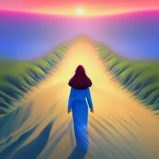 Image similar to closeup giant dahlia flower under head, girl walking between dunes, surreal photography, sunrise, blue sky, dramatic light, impressionist painting, digital painting, artstation, simon stalenhag