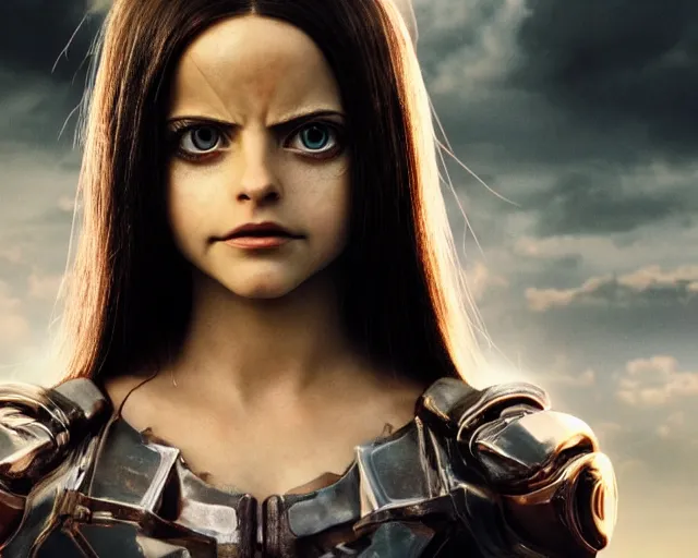 Image similar to film still of mena suvari as battle angel alita, beautiful portrait, watery doe eyes, mouth agape, photorealistic, lifelike, human actress, octane engine, cinematic lighting, high detail, high resolution