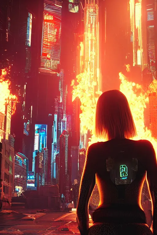 Prompt: in the foreground a cyberpunk city, in the background a beautiful young blonde woman from behind playing with flames coming out of her skin wearing a long matrix-style jacket, realistic, high definition, many details, dramatic scene, symmetrical face, realistic eyes , cyberpunk art 2077