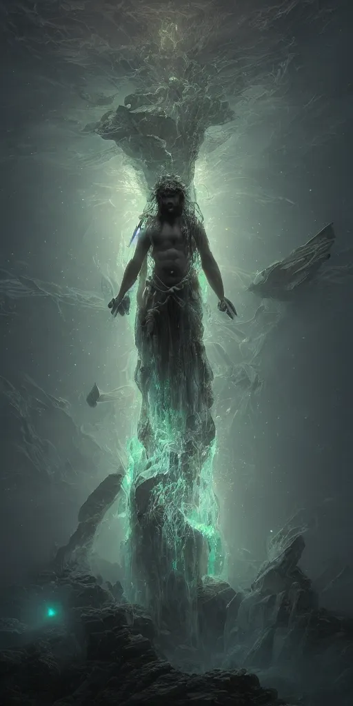 Image similar to illustration of a bioluminescent god by ivan aivazovski, realism, digital art, realistic, intricate detail, octane renderer, unreal engine, trending on artstation and cgsociety