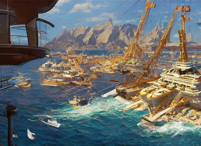 Prompt: expropriated billionaires yacht adopted as a vacation spot for construction workers Mandelbrot fractal by Craig Mullins, ilya kuvshinov, krenz cushart, artgerm trending on artstation by Edward Hopper and Dan Mumford and WLOP and Rutkovsky, Unreal Engine 5, Lumen, Nanite