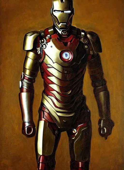 Prompt: a ironman in ancient suit, with his suit as war armor, in the style of a renaissance painting, insane detail, chiaroscuro oil painting, jan matejko, caravaggio, jan van eyck, gustave courbet, edward hopper, trending on artstation, artgerm