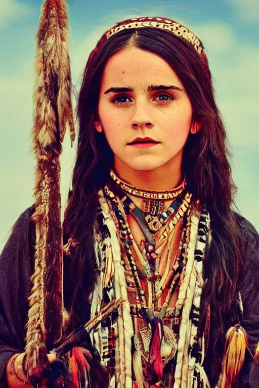 Image similar to Photo of Native American indian woman Emma Watson, portrait, skilled warrior of the Apache, ancient, realistic, detailed, Emma Watson