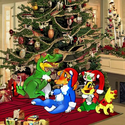 Prompt: highly detailed neopets sitting on steven seagal beneath a christmas tree, realistic,