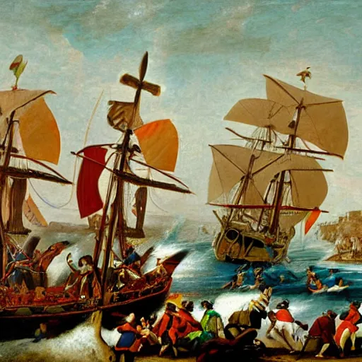 Prompt: painting of portuguese caravelas arriving in brazilian coast in 1500, in the style of Benjamin West