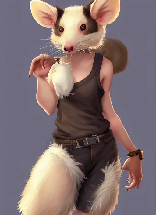 Prompt: character portrait of a female anthro opossum fursona with a furry body wearing a tanktop and shorts with arm tattoos. Character design by charlie bowater, ross tran, artgerm, and makoto shinkai, detailed, inked, western comic book art