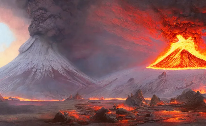 Prompt: a cabin on the side of an erupting volcano, magma and fiery rock, fantasy art, 8k, james gurney, greg rutkowski, john howe, artstation