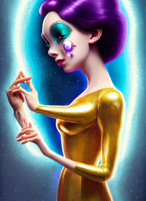 Image similar to pixar portrait 8 k photo, beautiful shiny white rich galactic prima ballerina clowncore russian cyborg college girl, golden ratio details, sci - fi, fantasy, cyberpunk, intricate, decadent, highly detailed, digital painting, ever after high, octane render, artstation, concept art, smooth, sharp focus, illustration, art by artgerm, loish, wlop